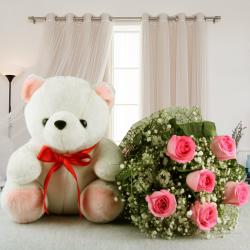 New Born Flowers - Pink Roses Bouquet with Cute Teddy Bear