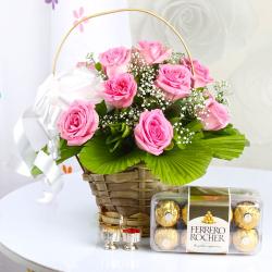 Holi Gifts - Holi Tikka Gift of Pink Roses and Ferrero Rocher Chocolate