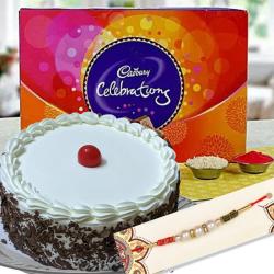 Send Rakhi Gift Rakhi Black Forest Cake and Celebration pack To Delhi