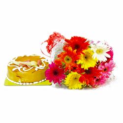 Flowers and Cake for Him - Colorful Gerberas Bouquet and Butterscotch Cake