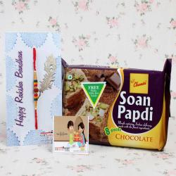 Handpicked Rakhi Gifts - Rakhi with 200 GM Chocolate Soan Papdi