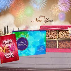 New Year Midnight Special Gifts - Assorted Dry Fruits with Cadbury Celebration Chocolate and New Year Card