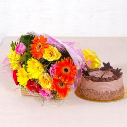 Flowers with Cake - Assorted 15 flowers Bunch with Chocolate Cake