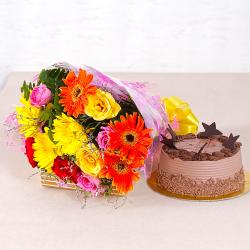 Send Flowers Gift Assorted 15 flowers Bunch with Chocolate Cake To Cochin