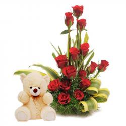 Valentine Flowers with Teddy Soft Toy - Arrangement of Fifteen Red Roses with Cute Teddy