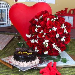 Romantic Gift Hampers for Her - Air Filled Balloons with Chocolate Cake and Red Roses Bouquet