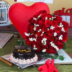 Exclusive Gift Hamper for Girl - Air Filled Balloons with Chocolate Cake and Red Roses Bouquet