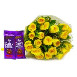Chocolate with Flowers - Bunch of Twenty Yellow Roses with Cadbury Fruit and Nut Chocolate Bars