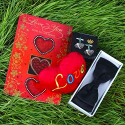 Romantic Gift Hampers for Him - Black Bow Tie with Love Card and Soft Heart including Silver Beads Cufflink