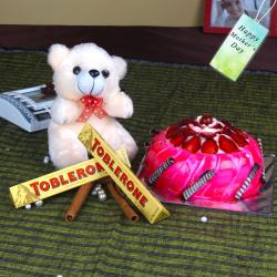 Mothers Day Gifts to Bhopal - Strawberry Cake and Teddy Bear with Chocolate Bars For Mom