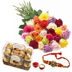 Rakhi With Flowers - Rakhi and Ferrero Rocher Chocolates with Roses