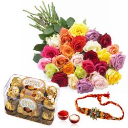 Rakhi With Flowers - Rakhi and Ferrero Rocher Chocolates with Roses