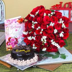 Birthday Greeting Cards - Red Roses and Eggless Cake with Birthday Card For Friend
