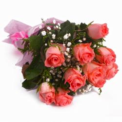 Same Day Flowers Delivery - Ten Pink Roses Bunch with Tissue Wrapping