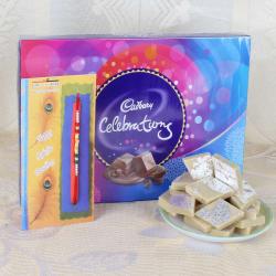Silver Rakhis - Rakhi with  500 Gms Sweets and Cadbury Celebrations Chocolate Pack