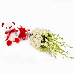 Exclusive Gift Hamper for Girl - Cute Teddy Bear with Orchids Flowers Bunch