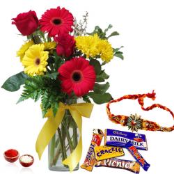 Rakhi With Flowers - Rakhi with Mix Flowers and Mix Chocolates
