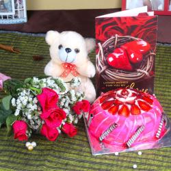 Valentine Flowers with Teddy Soft Toy - Fresh Flowers and Cake Combo for Valentine