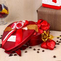 Birthday Gifts For Boyfriend - Valentines Hamper of Heart Shape Chocolates and Golden Rose