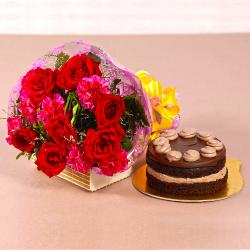 Flowers and Cake for Him - Roses and Carnations Bouquet with Chocolate Cake