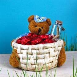 Mothers Day Gift Hampers - Teddy Basket of Heart Chocolate and Customize Message Bottle for MOM