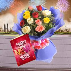 New Year Popular Gifts - Bouquet of Mis Roses and New Year Greeting Card