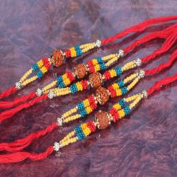 Set Of 5 Rakhis - Spectacular Colorful Tiny Beads with Rudraksha Rakhi