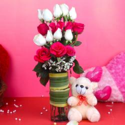 Cakes and Soft Toys - Teddy Bear with Pink and White Roses Arrangement