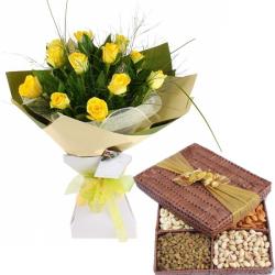 Birthday Gifts for New Born - Yellow Roses Dryfruits Pack