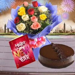 New Year Gifts - Truffle Cake with Mix Roses Bouquet and New Year Greeting Card