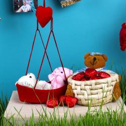 Valentines Heart Shaped Soft Toys - Couple Teddies Love Boat with Heart Shape Chocolates Basket