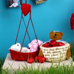 Valentine Homemade Chocolates Gifts - Couple Teddies Love Boat with Heart Shape Chocolates Basket