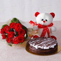 Bhai Dooj Return Gifts for Sister - Bunch of Red Roses with Teddy Bear and White Cream Chocolate Cake