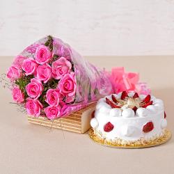 Flower Hampers - Twelve Pink Roses and Strawberry Cake for any Occasion