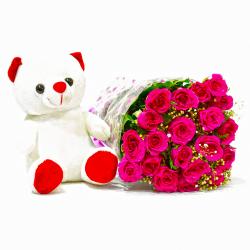 Twenty Pink Roses Bouquet with Teddy Bear