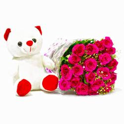 Send Flowers Gift Twenty Pink Roses Bouquet with Teddy Bear To Goa