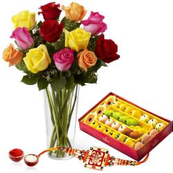 Rakhi With Flowers - Roses Arrangement with Sweets and Rakhi