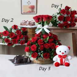 Valentine Flowers with Teddy Soft Toy - Valentine Gifts Combo For Three Days 