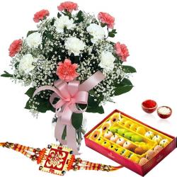 Rakhi With Flowers - 1 Kg Sweets and Rakhi with Flower Vase