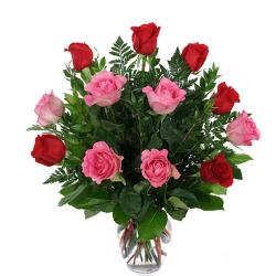 Designer Flowers - Vase Arrangement of Red and Pink Roses