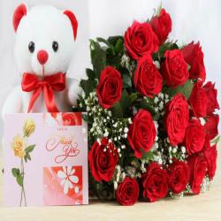 Birthday Greeting Cards - Greeting Card with Red Roses and Cute Teddy Soft Toy