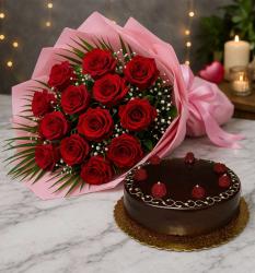 Eggless Chocolate Cake with Red Roses Bouquet For Valentines Day