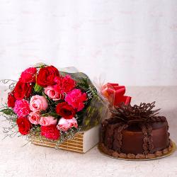 Flower Hampers - Gorgeous Roses With Carnations and Chocolate Cake