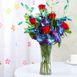 Vase Arrangement - Exotic Glass Vase of Ten Orchids and Roses