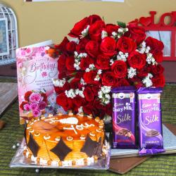 Eggless Cake Hampers - Birthday Bouquet of Red Roses with Eggless Cake Hamper