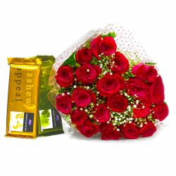 Chocolate with Flowers - Hand Tied Bunch of Red Roses and Bars of Cadbury Temptation Chocolate
