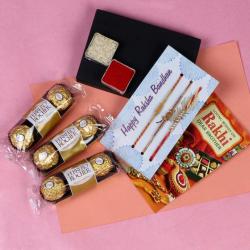 Send Rakhi Gift Three Designer Rakhi and 3 Pcs Rocher Chocolates Combo To Chennai