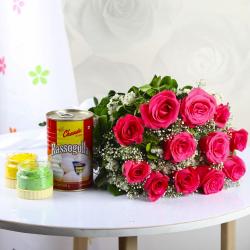 Holi Gifts - Rasgulla and Colors with Pink Roses for Holi