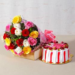 Bhai Dooj Return Gifts for Sister - Twenty Multi Roses Bunch with Fresh Cream Strawberry Cake