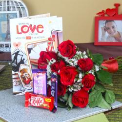 Valentine Flowers with Sweets - Red Roses Bouquet with Assorted Chocolate and Love Greeting Card